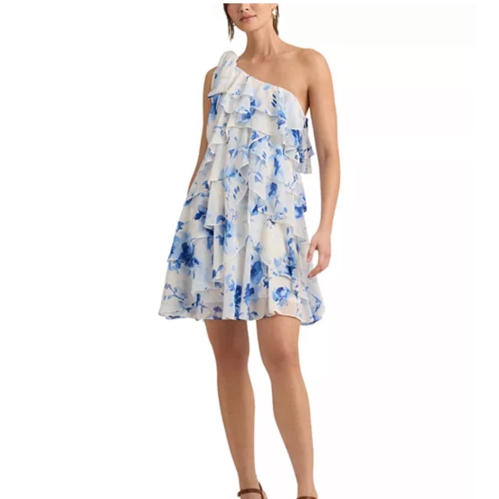 Lauren Ralph Lauren White and Blue Asymmetrical One-Shoulder Sundress